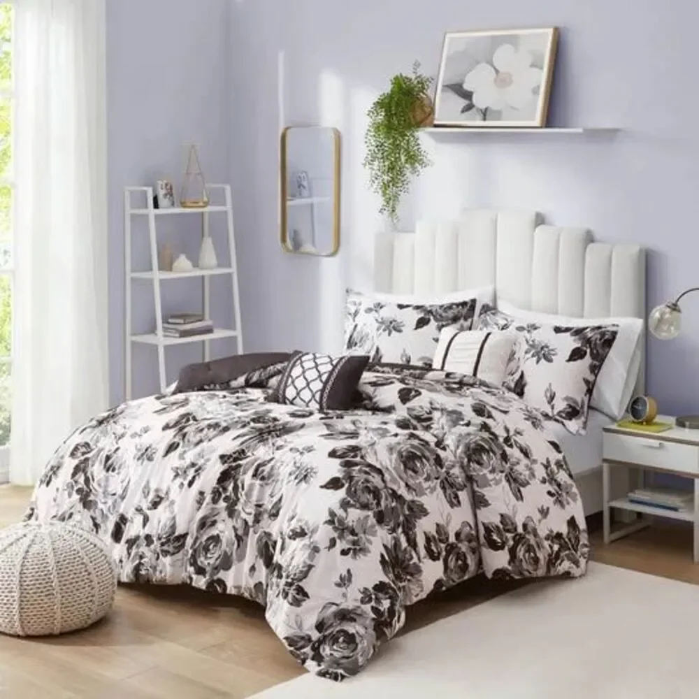 5-Piece Queen/Full Duvet Set Floral Black/White New